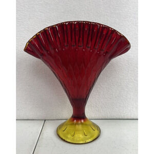 Italian Vintage Amberina Glass Quilted Diamond Fan Vase / Ruffled Rim